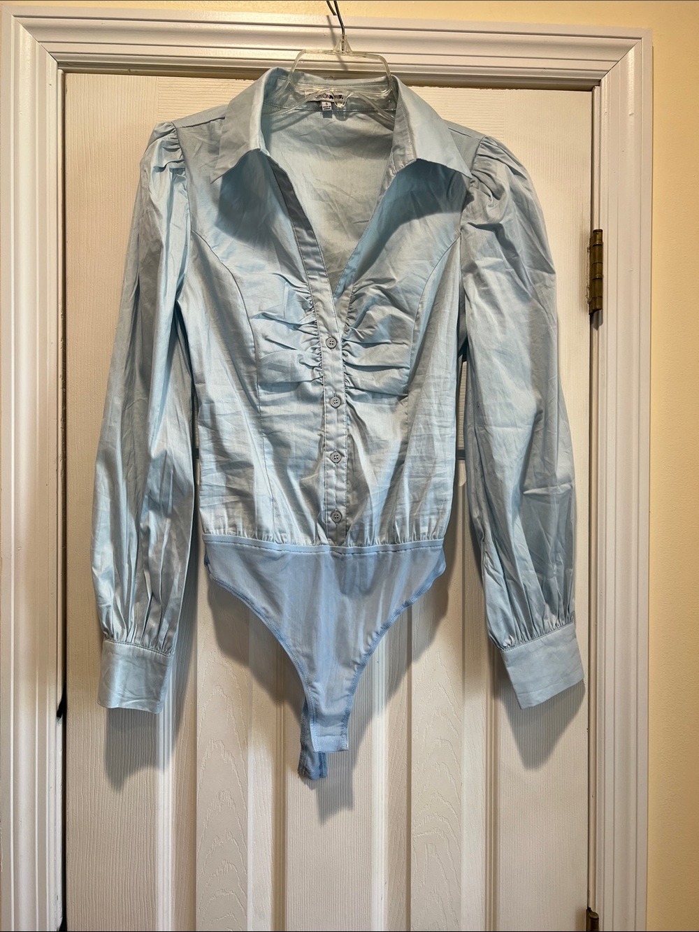 Fashion Nova Light Blue Puff Sleeve Button Front Bodysuit